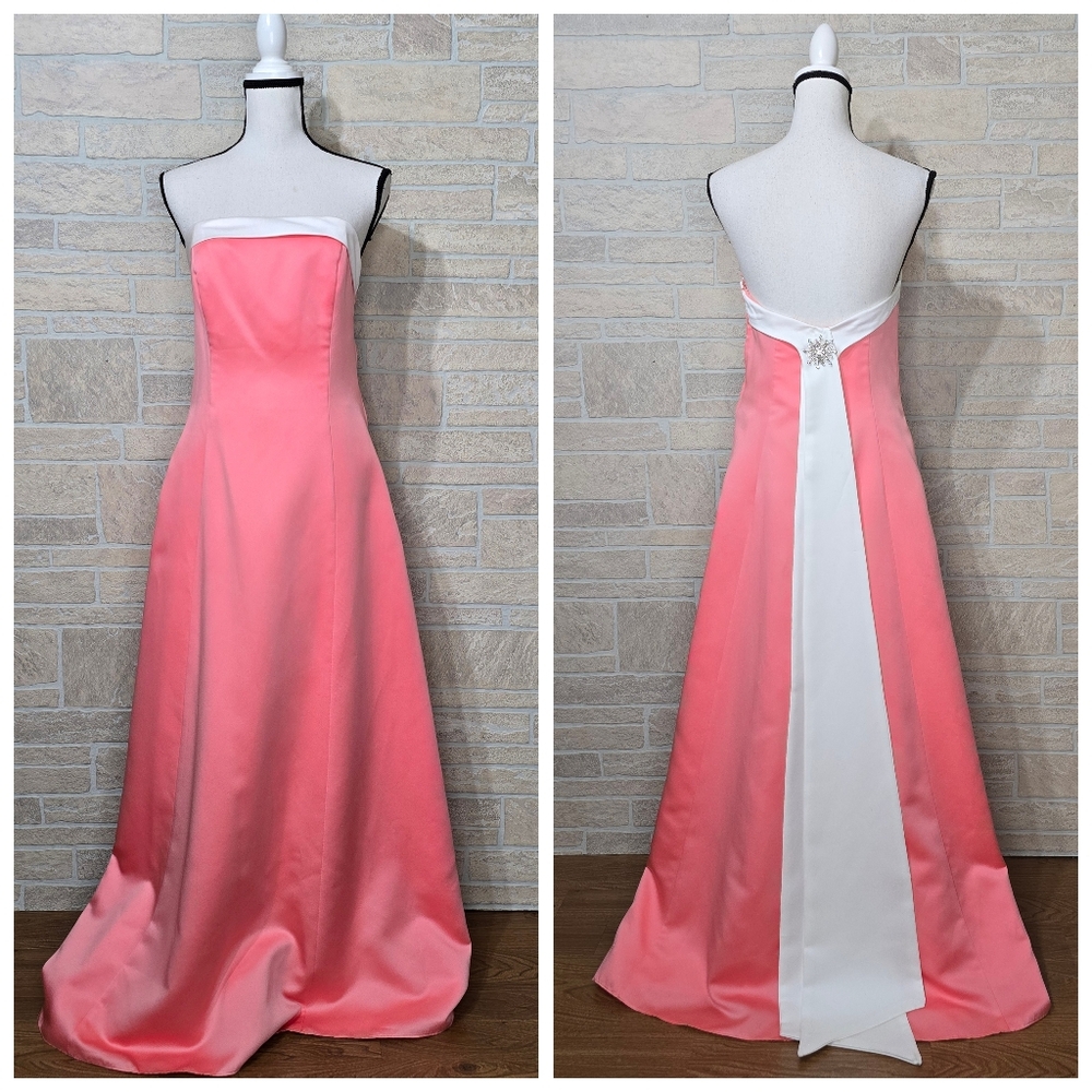 Jordan Strapless Coral Pink & White Formal Evening Gown ROMANTIC